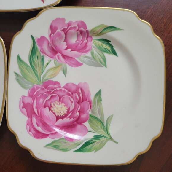Vintage Syracuse China Floral Plates Square With Gold Trim Peony & Camellia Desi - Picture 2 of 8